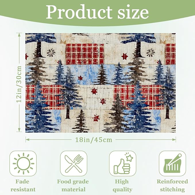 Winter Christmas Tree Placemats Set of 6, Washable Heat Resistant Table Mat Festival Linen Place Mats for Party Kitchen Dining Home Decor 12x18 Inch