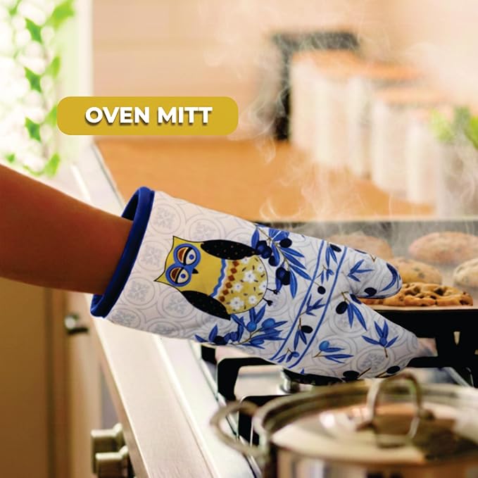 Lobyn Value Packs: Whimsical Blue Owl 5 Piece Kitchen Towel Set with 2 Decorative Dish Towels (25 X15), 1 Oven Mitt (11 X 7) and 2 Potholders (6.5 X 6.5)