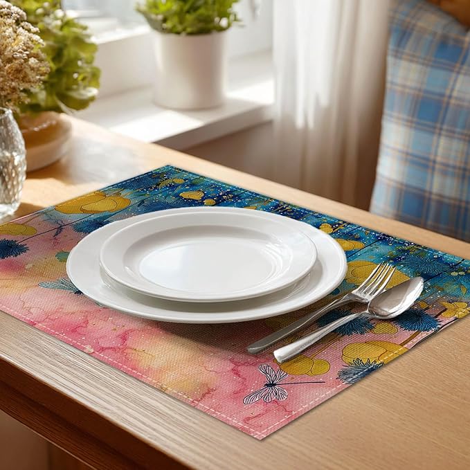 HOMETITUTE Linen Placemats Set of 4 12x18 inch Spring Table Mats for Dining Table Colorful Floral Farmhouse Decorations Kitchen Decor Desk Mat for Outdoor Home Party Kitchen Seasonal Dining Decor