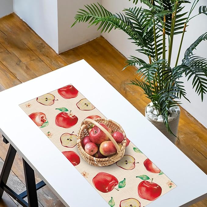 Watercolor Apples Table Runner, Sweet Fruit Kitchen Dining Table Decoration, Spring Summer Burlap Indoor Outdoor Home Decor Party Supply 13 x 48 Inches