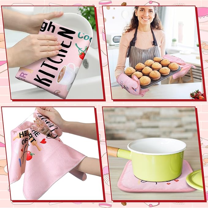 Leinuosen 8 Pcs Kitchen Towels and Oven Mitts Sets Pot Holders Dishcloths Set Kitchen Decorative Accessories Absorbent Potholders Heat Resistant for Chef Baking Cooking(Pink,Food)