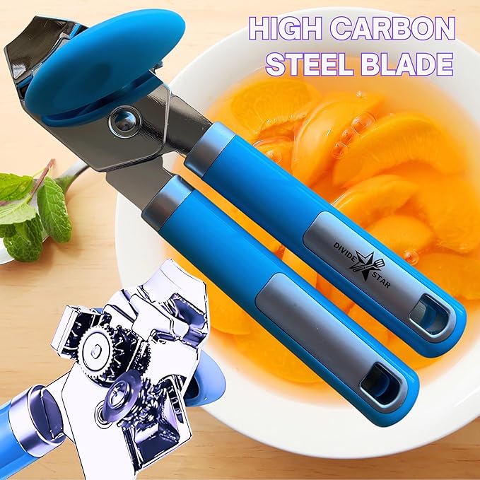 Manual Can Opener for Seniors – Easy-Turn Knob, Cleaner Edge Cutting, Magnetic Lid Lifter, Heavy-Duty Carbon Steel Blade, Ergonomic Comfort Grip – Blue