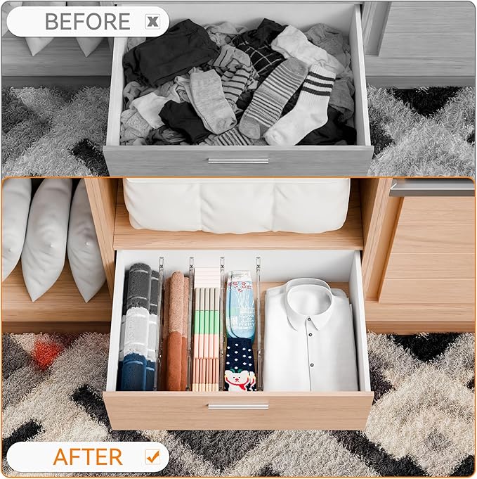 Yieach 4 Pack Clear Acrylic Drawer Divider 6 Inch High,Expandable from 14-20'',Adjustable Dresser Drawer Dividers for Baby Clothing,Underwear and Sock,Separators,Deep Drawer Separators for Kitchen