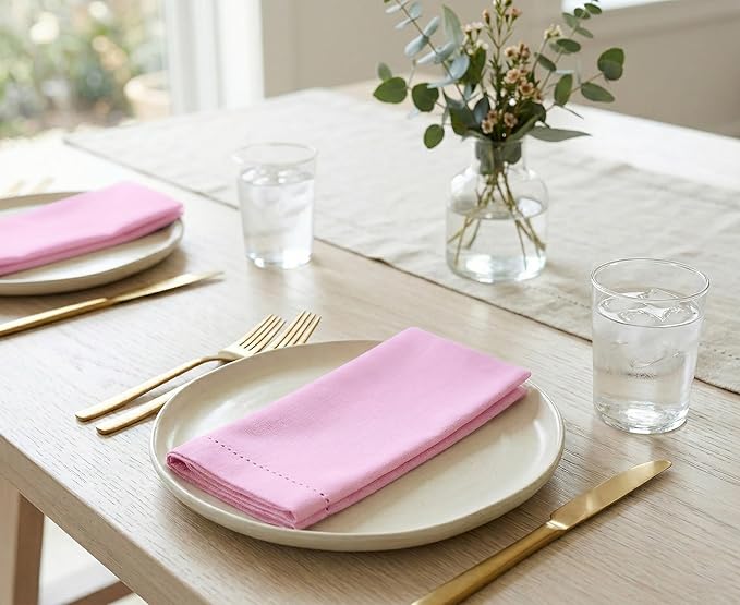 PurpleEssences Set of 6 Hemstitch Cloth Dinner Napkins 100% Cotton - Soft Durable Washable - Ideal for Wedding Spring Easter Summer - Perfect Everyday Use Table Linen 18x18 - Blush Pink