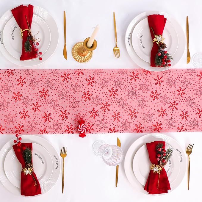 Snowkingdom 2 Pcs Christmas Red Snowflake Table Runner 108 Inch Sparkly Red Foil Glitter Metallic Mesh Runners Dining Kitchen Table Decorations for Seasonal Winter Xmas Festival Holiday Home Party
