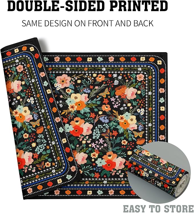 Vintage Flowers Linen Placemat Set Black Wildflower Table Mats for Home Kitchen Dining Decoration 12 X 18 in Floral