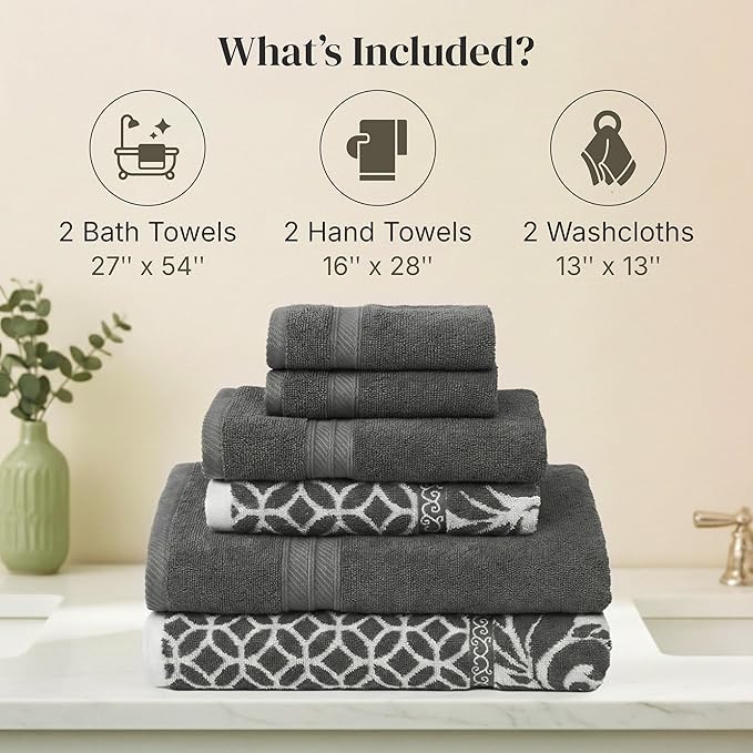 Modern Threads Botanical Vine 6-Piece 100% Cotton Towel Set – Reversible Yarn Dyed Jacquard – Includes 2 Bath Towels, 2 Hand Towels, 2 Washcloths – Absorbent, Quick Dry, Soft & Durable – Gray