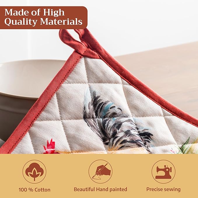 Maison d' Hermine Pot Holders 100% Cotton Heat Resistant Potholders 8" x 8" Hot Pads with Loop BBQ Cooking Baking Gifts for Mothers Day Handling Hot Pans Spring/Summer (Pack of 2, Campagne)