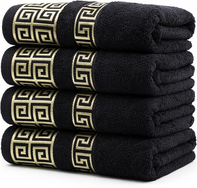 Luxury 4 Piece Bath Towel Set with Greek Key Design - 100% Cotton Soft & Absorbent Bathroom 27x54 in Extra Large Towels - Quick Dry, Plush & Durable - Black Towels Set for Home, Spa & Hotel Use AA1