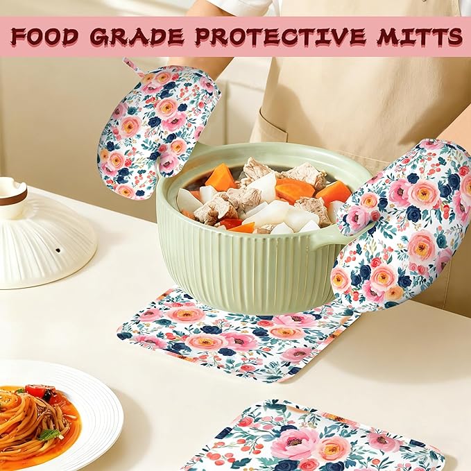 Pink Flowers Heat-Resistant Silicone Oven Mitts and Pot Holders,Long Oven Gloves with Non-Slip Grip for Cooking, Baking, Grilling,BBQ