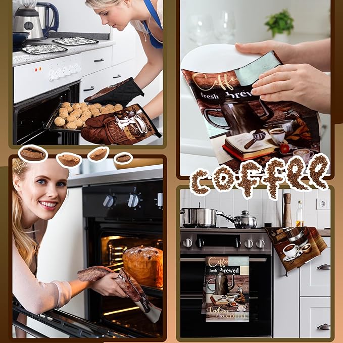 Jingmore 6 Pcs Kitchen Decor Set Accessorie Farmhouse Kitchen Towels Pot Holders Oven Mitts Set 2 Dish Towels 2 Pot Holders 2 Cooking Mittens Oven Glove for Cooking(Dark Brown,Coffee)