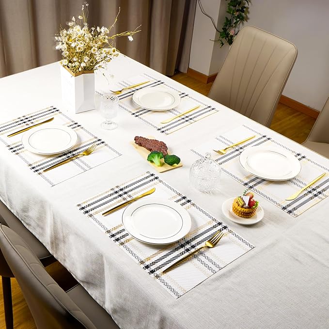 Placemats, Place Mats Set of 6 Washable Wipeable Vinyl Placemats for Kitchen Dining Table Wedding Accent Indoor/Outdoor Durable PVC Table Mats Non Slip (White)