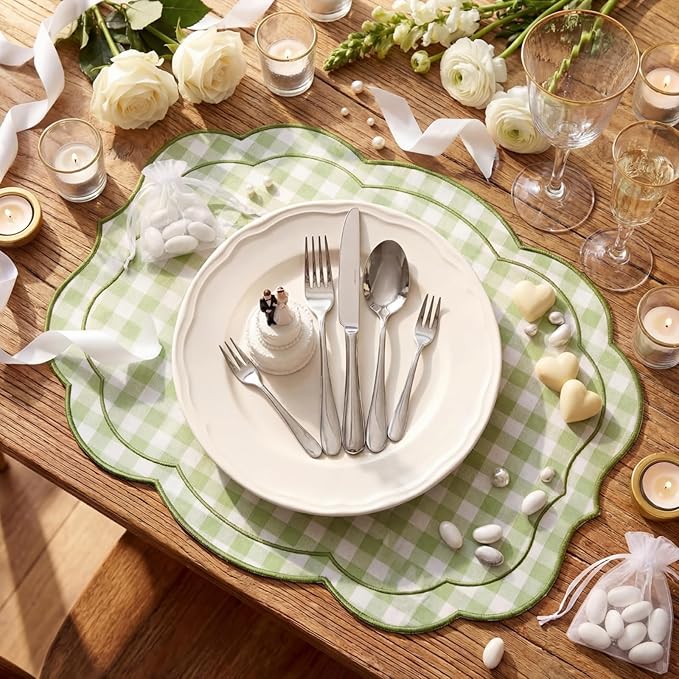 Breling Set of 6 Green Gingham Placemats Scalloped Embroidered Cotton Linen Placemats 17" x 13" Double Layered Machine Washable Table Place Mat for Wedding Birthday Baby Shower Party Table Decor