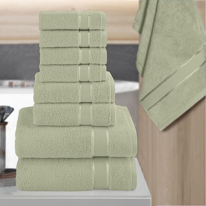Elegant Comfort Premium Cotton 8-Piece Towel Set, Includes 4 Washcloths, 2 Hand Towels and 2 Bath Towels, 100% Turkish Cotton - Highly Absorbent and Super Soft Towels for Bathroom, Mint Green