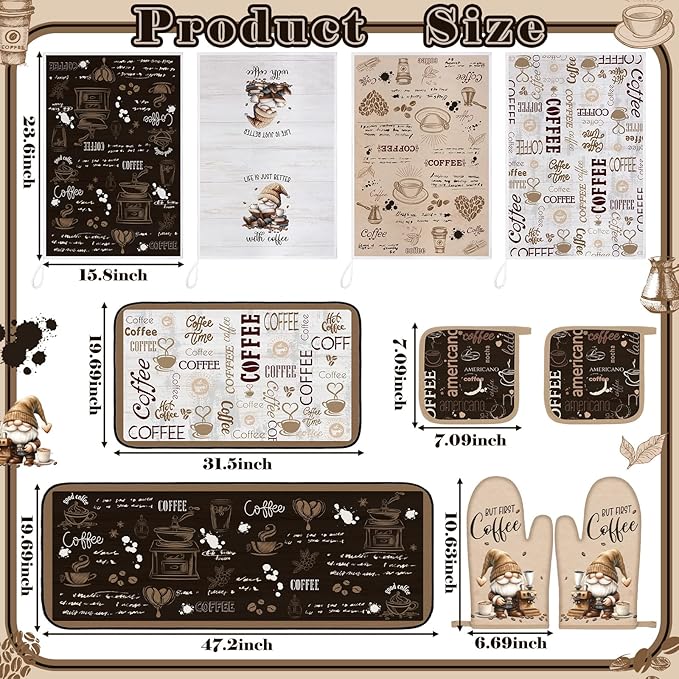 Fourluoo 10 Pcs Coffee Kitchen Decor and Accessories Oven Mitts and Pot Holders Set Coffee Dish Towels Rugs Farmhouse Kitchen Decor Vintage Potholder Brown Gloves for Baking Cooking BBQ Women Mom Gift