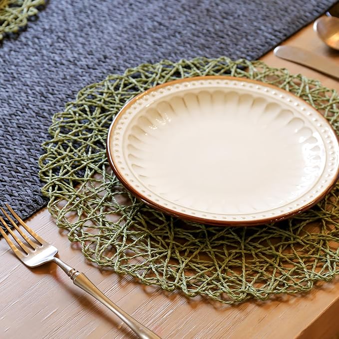 AHHFSMEI Paper Braided Round Placemats Set of 6 Natural Non-Slip Heat Resistant Table Mats for Dining Tables Woven Indoor & Outdoor Place mats(Green)