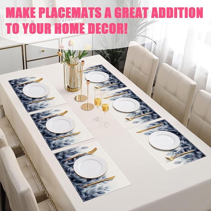 Spring Blue Leaves Placemats Set of 6,12x18 Inch Eucalyptus Leaves Linen Place Mat Washable Stain Resistant Table Mats for Summer Seasonal Farmhouse Kitchen Party Home Decor