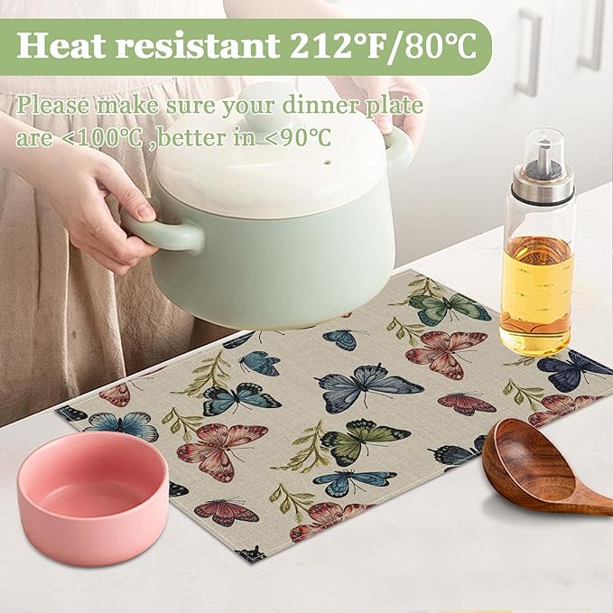 Vintage Colourful Butterfly Placemats Set of 6, Washable Heat Resistant Table Mat Linen Place Mats for Party Kitchen Dining Home Decor 12x18 Inch