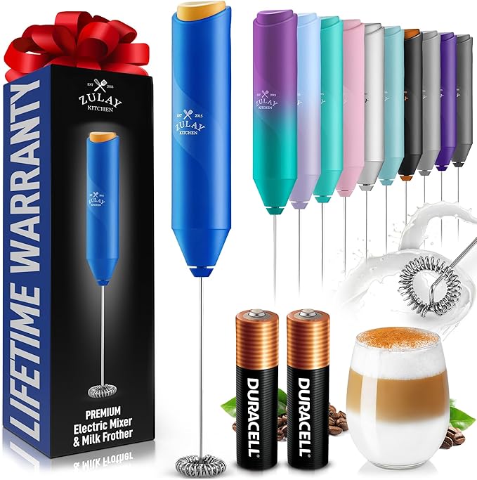 Zulay Kitchen Powerful Milk Frother AA Batteries Included – Ultra Fast Handheld Drink Mixer with Stainless Steel Whisk Stirrer for Coffee, Protein, Matcha & More, Frother Wand Electric Frothmate Blue