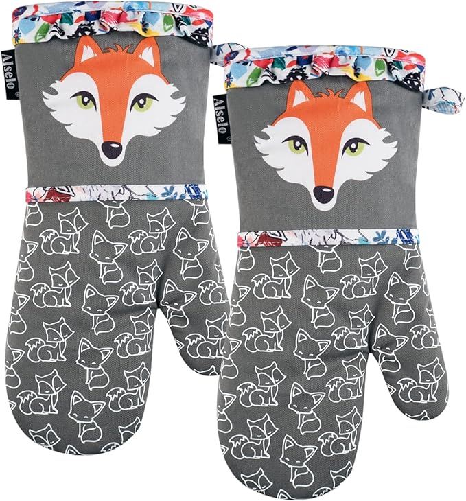 Alselo Oven Mitts, Heat Resistant Kitchen Mittens with Soft Quilted Cotton Lining Set of 2, Fashion Animal Design with Silicone Printing Anti-Slip Gloves for Baking Cooking Barbecue (Gray 2)