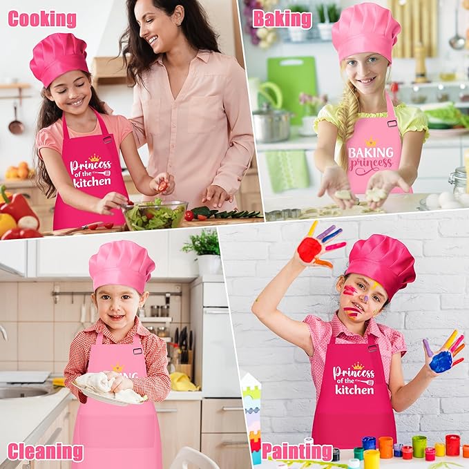 GROBRO7 4Pcs Kids Apron and Chef Hat Set Gift for Girls, Princess Kitchen Baking Princess Pattern Adjustable Kitchen Aprons with 2 Pockets Waterproof Smocks Hats for Baking Cooking Painting Training