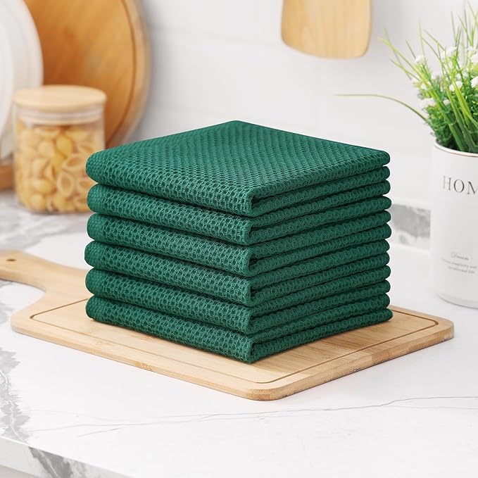 Kitinjoy 100% Cotton Kitchen Dish Cloths (12 X 12 Inches, Dark Green), 6 Pack Waffle Weave Ultra Soft Absorbent Dish Towels for Drying Dishes Quick Drying Kitchen Towels Dish Rags
