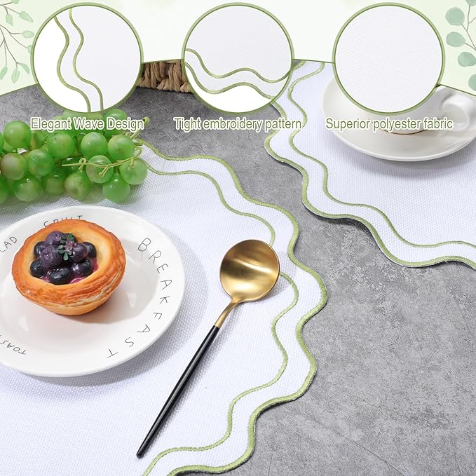 Set of 12 Cotton Linen Placemats, 15x15 Scalloped Flower Embroidery Cloth Table Mats Double Layered Fabric Washable Wrinkle Free Dining Placemat for Restaurant Kitchen Decor (White with Green)