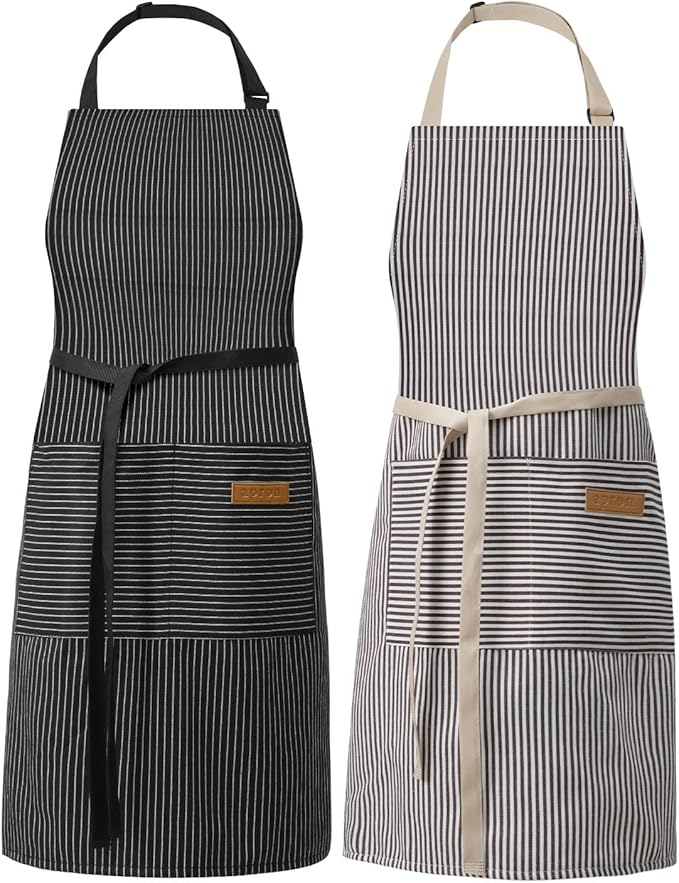 DILLMAN Kitchen Cooking Adjustable Aprons - Men Women Bib Soft Chef Stripes Apron with 2 Pockets