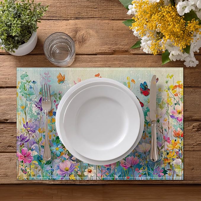 HOMETITUTE Placemats Set of 4 12x18 inch Spring Table Mats for Dining Table Floral Field Linen Placemats Farmhouse Decorations Kitchen Decor Desk Mat for Outdoor Home Party Kitchen Seasonal Dining