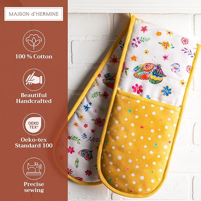 Maison d' Hermine Double Oven Mitts 100% Cotton 7"x35" Double Oven Mitt Heat Resistant BBQ Cooking Gloves with Loop Baking Grilling Gifts for Mothers Day Spring Summer (Happy Florals - Sweety)
