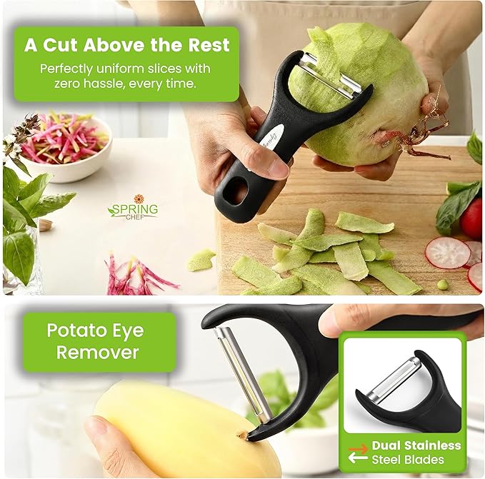 Spring Chef Stainless Steel Y Shaped Vegetable Peeler for Kitchen - Heavy Duty Potato Peeler with Ultra Sharp Blades & Soft Grip Handle for Apple, Carrot, Cucumber, Veggie, Fruit, Citrus - Black