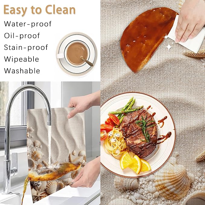 White Sand Placemats Set of 6,Starfish Seashells Waterproof Non-Slip Washable Table Mats for Kitchen Dining Holiday Party Wedding Decor 12x18 Inch