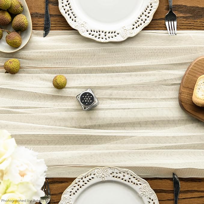 Artoid Mode 3PCS Beige Gauze Table Runner 120 Inch 10FT, Seasonal Sheer Kitchen Dining Holiday Wedding Birthday Baby Shower Table Decor for Home Party