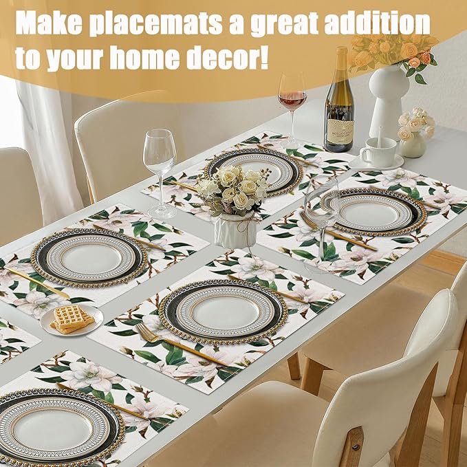 White Magnolia Flower Placemats Set of 6,Summer Flower Linen Place Mat Washable Stain Resistant Table Mats for Farmhouse Dining Party 12x18 Inch