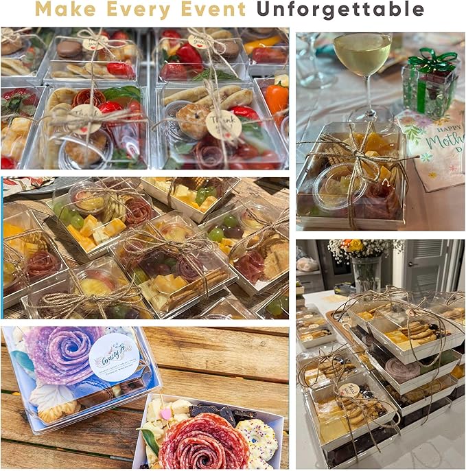 Leafiew 50 Pack Small Charcuterie Boxes with Clear Lids - To Go Paper Mini Charcuterie Box, Disposable Food Containers, 5Inch Dessert Boxes - Sandwich, Cookie, Sushi, Cake Slice, Strawberries (White)