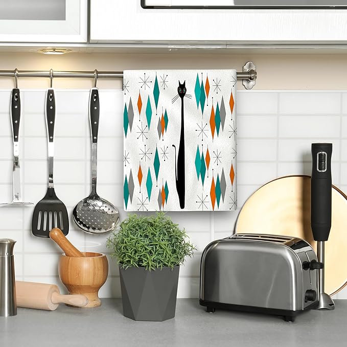 Mid Century Modern with Black Cat Kitchen Dish Towels 16"x24" Soft Absorbent Retro Hand Tea Towels for Kitchen Cooking Baking Farmhouse Bathroom Home Decor 2 Pieces
