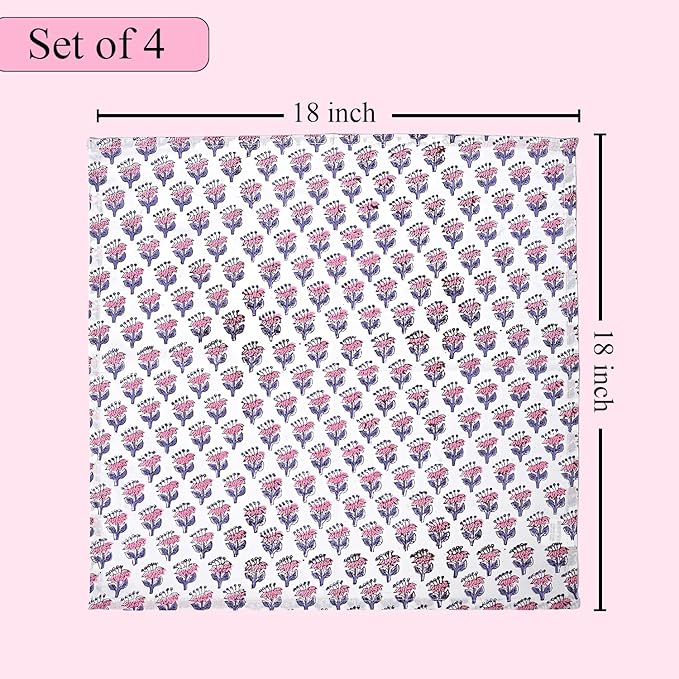 CPC Pink Sapphire Indian Block Print Cotton Cloth Napkins Set of 4, 18x18 Reusable Everyday Napkins, Soft, Absorbent, Floral Dinner Napkin, Holiday, Party Gift, Spring,Mother's Day