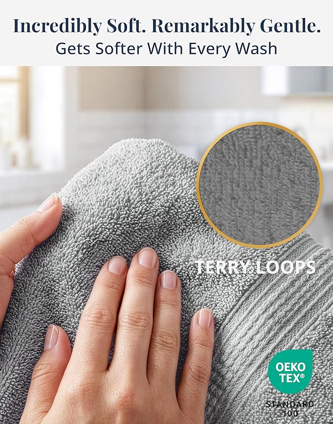 Grey Hand Towels for Bathroom - Pack of 4 (16" x 28") - 100% Cotton Double Stitched Edges - Ultra Soft, Quick Dry & Highly Absorbent - Everyday Comfort Hand & Face Towels for Family and Gym Use - Grey