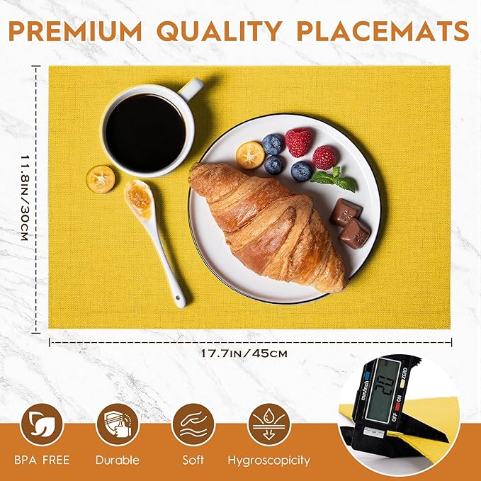 Placemats Set of 6 Linen Type Fabric Cloth Placemats, 18x12 Inch Double Layered Thick Wrinkle Free Heat Resistant Table Place, for Dining, Kitchen, Party (45 * 30cm, Yellow)