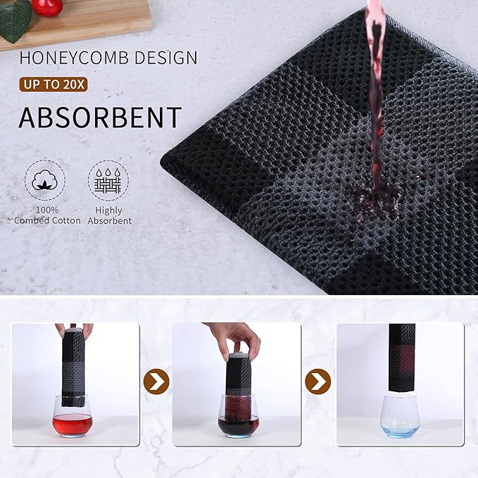 Mordimy 100% Cotton Waffle Weave Kitchen Towels, 13 x 28 Inches, Super Soft and Absorbent Buffalo Check Dish Towels for Drying Dishes, 6-Pack, Black & Grey