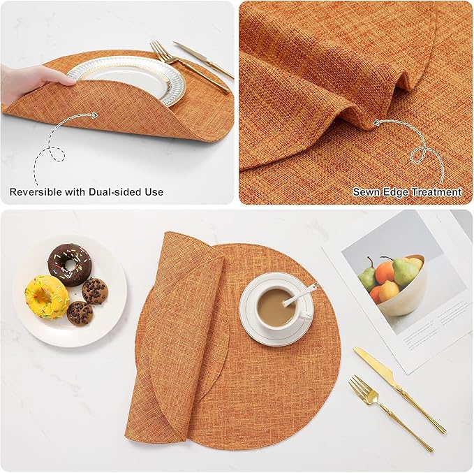homing 15 Inch Round Cloth Placemats Set of 4, Cotton Linen Blend Washable Table Mats, Farmhouse Dining Place Mats for Indoors & Outdoors, Easy to Clean, Orange