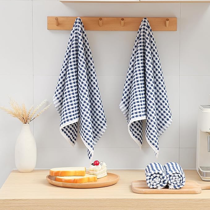 SALAS Cotton Dish Towels Cloths for Kitchen Drying Dishes, Lattice Terry Towels, Highly Absorbent Kitchen Cloths with Hanging Loop, 16‘’ x 26‘’, 4 Packs, Blue