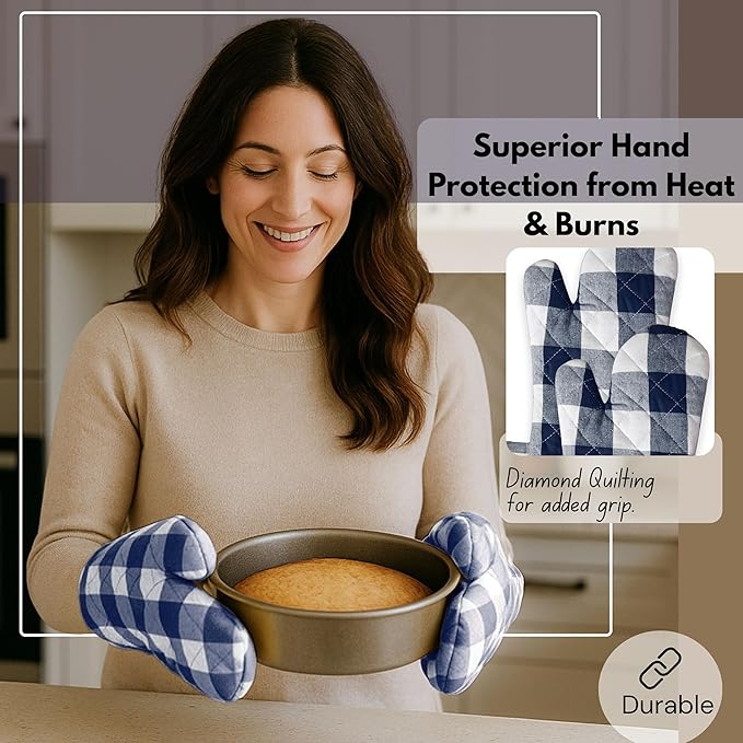 Native Fab Buffalo Plaid Check Oven Mitts and Pot Holders Set of 4, 100% Cotton Heat Resistant Kitchen Gloves, 2 Oven Mitts (7x13), 2 Pot Holders (8x8) for Cooking & Baking, Navy White