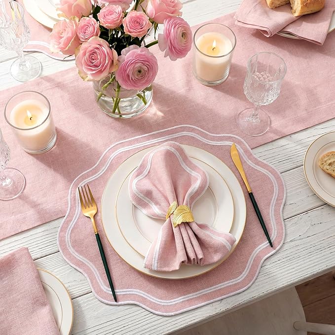 Breling Set of 6 Wedding Placemats Scalloped Embroidered Cotton Linen Placemats 17" x 13" Double Layered Machine Washable Table Place Mat for Party Table Decor(Pink)