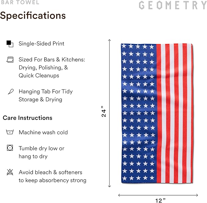 GEOMETRY Bar Towels for Kitchen Premium Towels for Cleaning Dishes & Glassware - Absorbent & Fast Drying Kitchen Towels - Star Spangled, 12" x 14" - 1-Piece