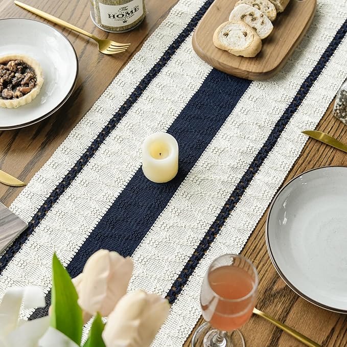 Artoid Mode Dark Blue Farmhouse Woven Rustic Table Runner, Seasonal Holiday Hollow Kitchen Dining Table Decoration for Home Party Decor 12x120 Inch