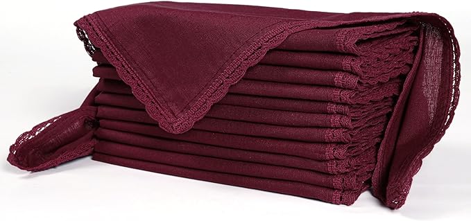 Ramanta Home Linen Flax Cloth Napkins Set of 24 Burgundy, 18x18 Inch | Easter Premium Cotton Linen Flax Lace Soft & Durable | Washable Ideal for Spring Basket Décor, Wedding, Kitchen, Everyday Use