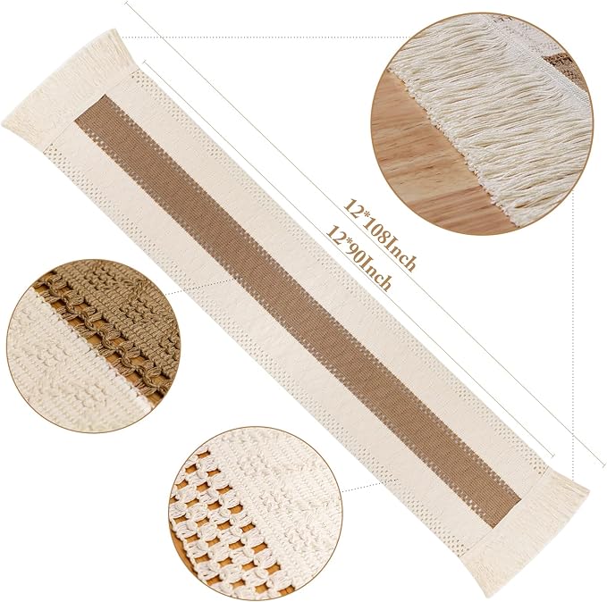 OurWarm Splicing Burlap Table Runner Farmhouse Style, Boho Table Runner Modern Farmhouse Decor Rustic Woven Cotton Crochet Lace for Bohemian, Rustic, Wedding, Bridal Shower, Dinner, 108 inch