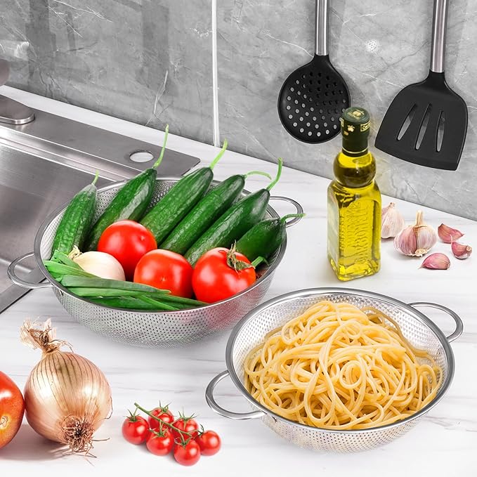 E-far 5-Quart Stainless Steel Colander, Micro-Perforated Metal Colander Strainer with Handle for Kitchen/Draining Pasta/Rinsing Vegetables Fruits, Heavy Duty & Dishwasher Safe - 11 Inches