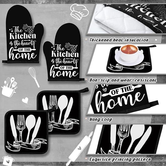 Fourluoo 10 Pcs Black Kitchen Decor and Accessories Black Kitchen Towels Rugs Oven Mitts and Pot Holders Set Gloves Vintage Potholders for Baking Cooking Chef